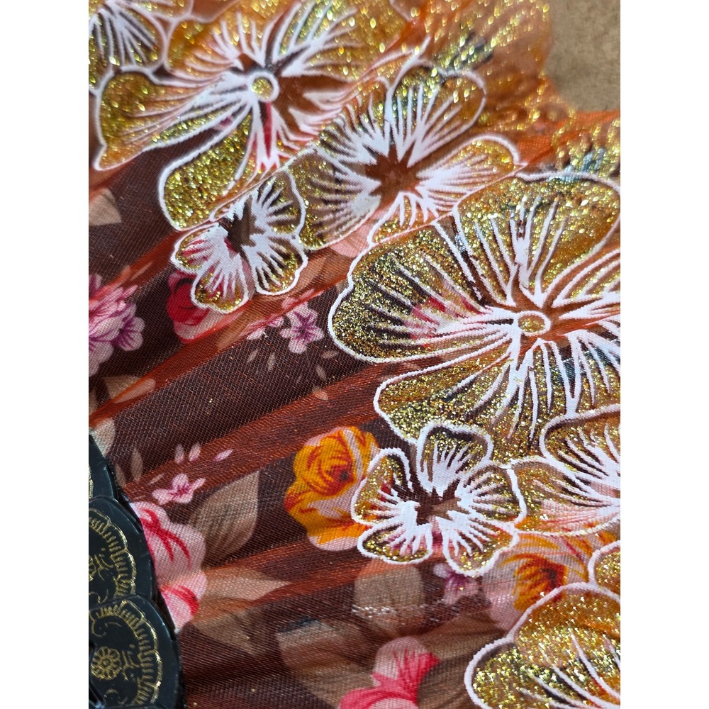 Vintage Style Floral Folding Hand Fan Black Gold Glitter Lace Tassel 9 Inch - Picture 7 of 8